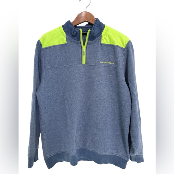 Vineyard Vines Sweater Jacket Blue Neon Yellow 1/4 Zip Long Sleeve - Picture 1 of 7